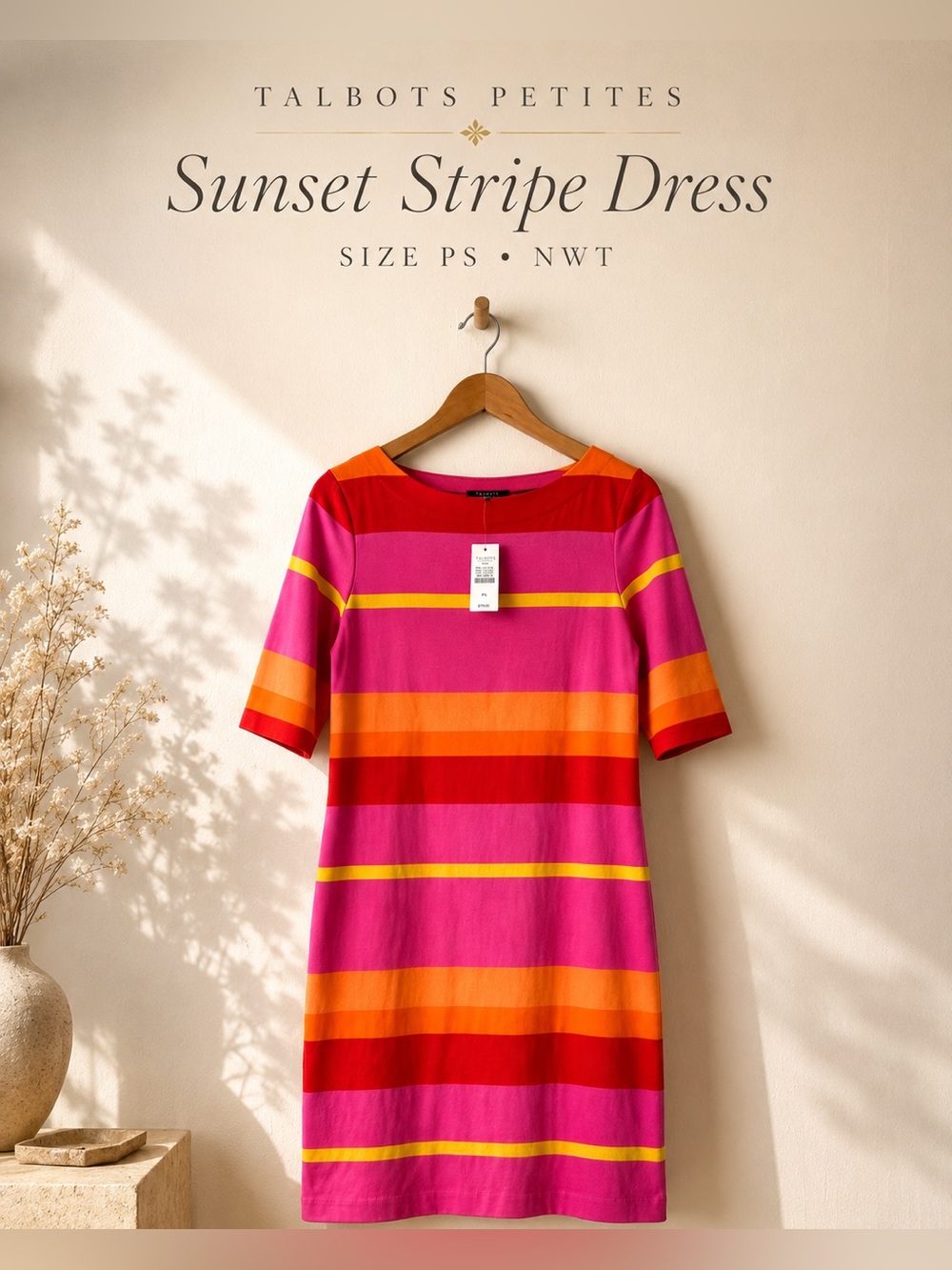 Talbots Petites Stripe Dress Pink Orange Yellow NWT Size PS Knit Sheath